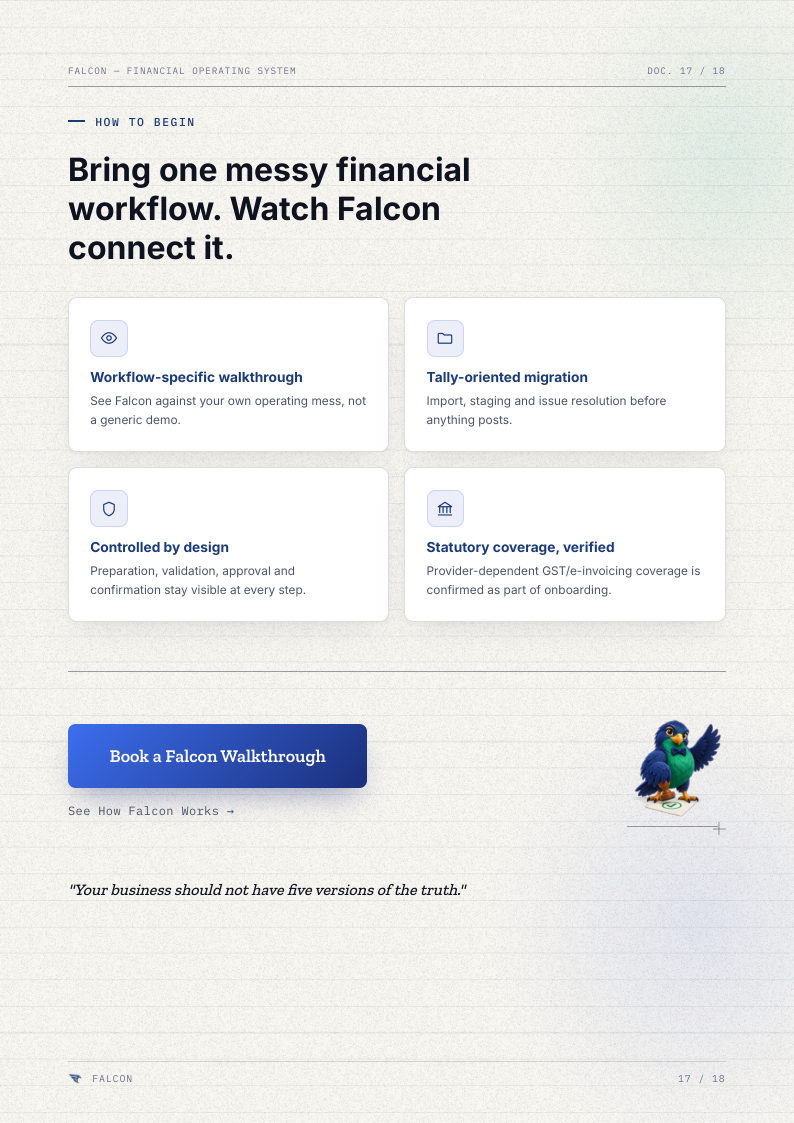 Brochure page 17: Bring one messy financial workflow. Watch Falcon connect it.